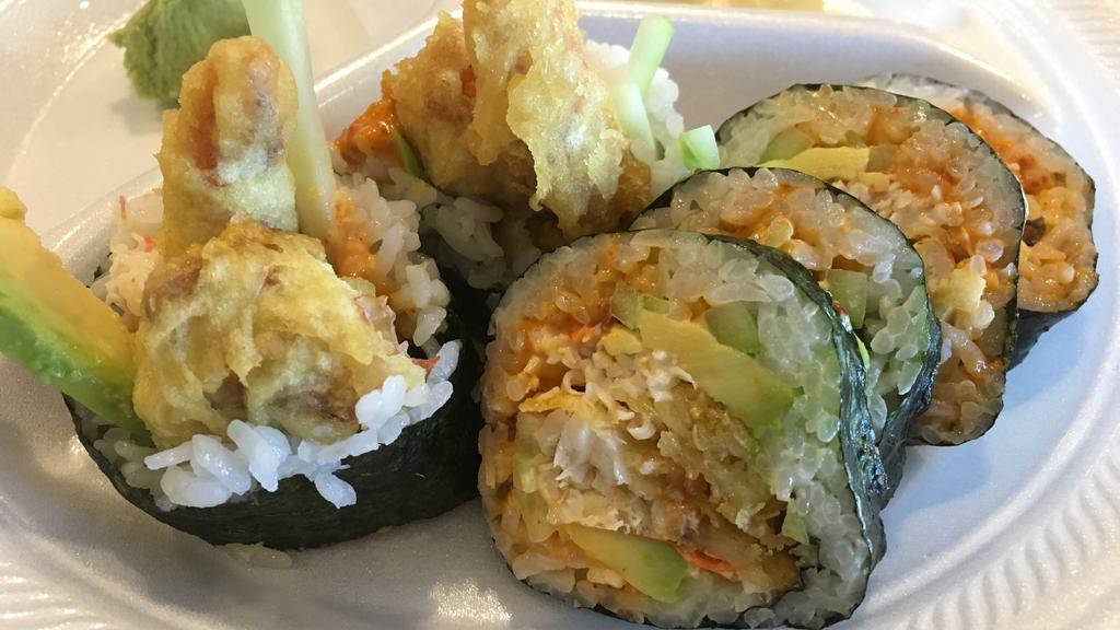 Soft Shell Crab Rolls · 6 pcs. Fried soft shell crab, crabmeat, cucumber avocado and green onion.
