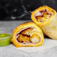 Ham, Egg, & Cheddar Breakfast Burrito · 3 fresh cracked, cage-free scrambled eggs, melted Cheddar cheese, sliced ham, and crispy pot...