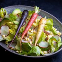 Plan(T) Salad · Little Gem, BBQ carrot, sweet corn, avocado, radish, spring onion, candied pecan, poppy seed...
