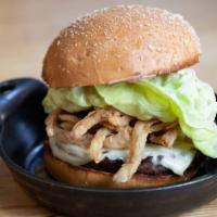 Plan(T) Burger · Vegetarian burger patty, melty swiss, butter lettuce, fried onions, tomato mayo. Regular Fri...