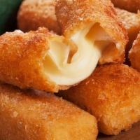 D-2. Cheese Sticks 6 Pc (치즈스틱/炸芝士棒) · 6 pcs of deep-fried mozzarella cheese.  Crunch and extremely tasty.