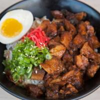 Chashu Rice · Pork belly or chicken, marinated overnight, flame torched, served with soft-boled egg, and d...