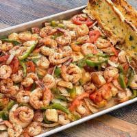 Original Shrimp Tray · Grilled shrimp and sliced SPFM Veggie Mix, seared “A la Plancha” style