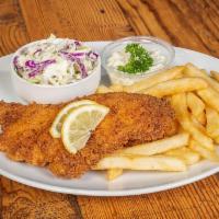 Fish + Chips · Crispy seafood served with French fries and housemade coleslaw.