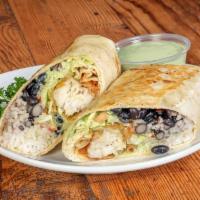 Baja Burrito · Flour tortilla with rice, charred corn pico, cabbage, black beans and cilantro.