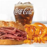 Roast Beef Classic Meal · Thinly sliced roast beef on a toasted sesame seed bun. Meal includes choice of side and drink.