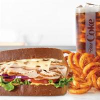 Roast Turkey & Swiss Meal · Oven-roasted turkey, ripe tomatoes, lettuce, thinly sliced red onions, Swiss Cheese, mayo an...