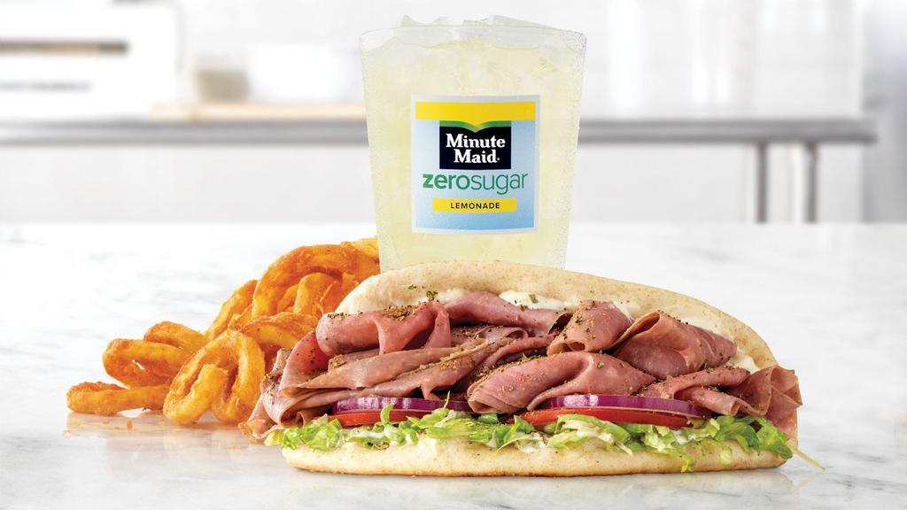 Gyro Roast Beef Meal · Thinly sliced seasoned roast beef with Greek Seasonings, cool creamy tzatziki sauce, shredded lettuce, tomato and red onion in a warm pita. Visit arbys.com for nutritional and allergen information.