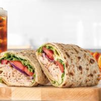 Roast Turkey & Swiss Wrap Meal · Oven-roasted turkey, ripe tomatoes, lettuce, thinly sliced red onions, Swiss Cheese, mayo an...