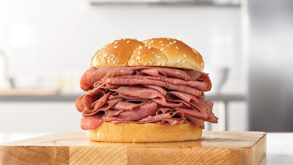 Roast Beef Double · Two times the amount of signature roast beef than the Roast Beef Classic. Visit arbys.com for nutritional and allergen information.