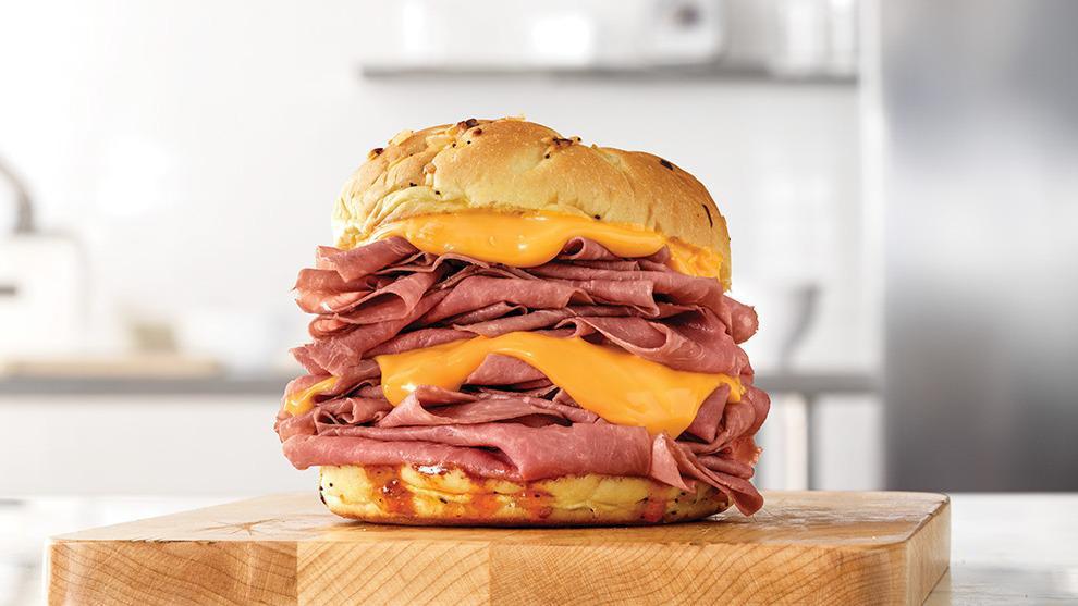 Beef 'N Cheddar (Half Pound) · A half pound of thinly sliced roast beef, with cheddar cheese sauce and zesty red ranch sauce on a toasted onion roll. Visit arbys.com for nutritional and allergen information.