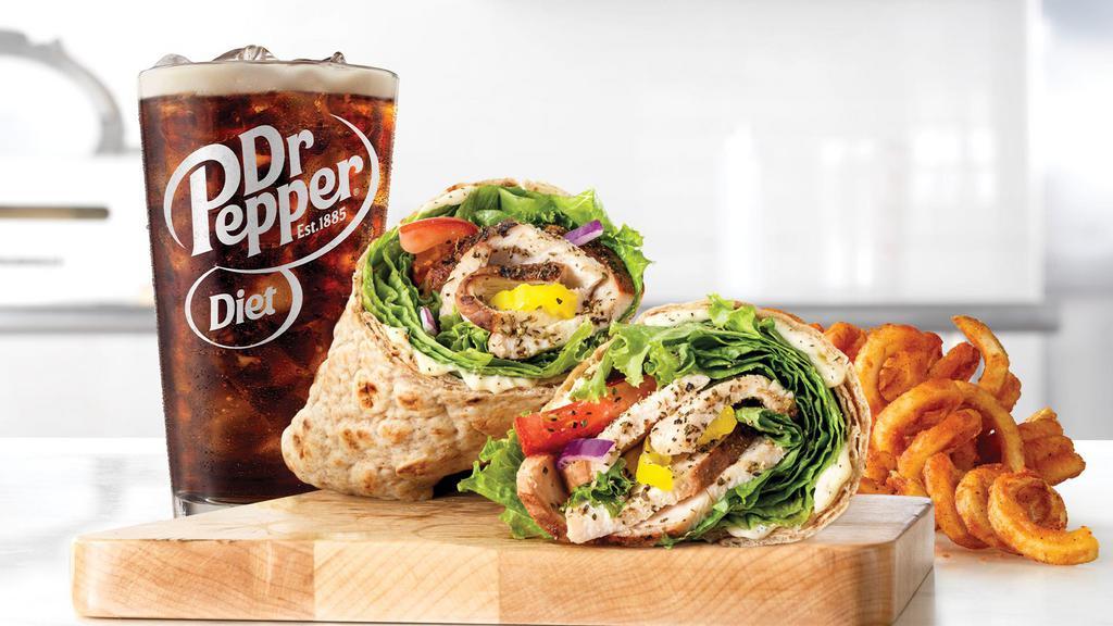 Creamy Mediterranean Chicken Wrap Meal · Slow-roasted chicken breast with cool and creamy tzatziki sauce, banana peppers, green leaf lettuce, tomato, and red onion in an artisan wheat wrap. Visit arbys.com for nutritional and allergen information.