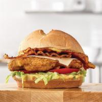 Chicken Bacon & Swiss · A crispy buttermilk chicken breast with pepper bacon, swiss cheese, lettuce, tomato and hone...