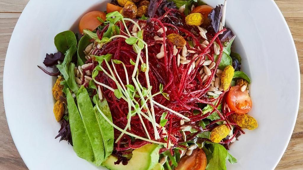 Superfoods Salad (Gf) · Kale/ Spinach/ Mixed Green/ Avocado/ Curry Almond/ Cherry Tomato/ Organic Sunflower Sprouts/ Sunflower Seed/ Beet/ pomegranate-Sunflower Pesto Dressing