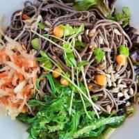 Zaru Soba Salad · Organic Buckwheat Noodles/ Sunflower Seed/ Chick Pea/ Scallion/ Pickled Veggie/ Wakame Seawe...