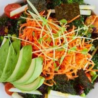 Raw Kale Salad (Gf) · Mixed Kale/Edamame/ Green Apple/ Cranberry/ Carrot/ Cherry Tomato/ Nori/ Flax Seed/ Avocado/...