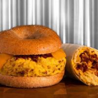 Chorizo Sandwich · Chorizo and egg breakfast sandwich with cheddar cheese on your choice of bagel