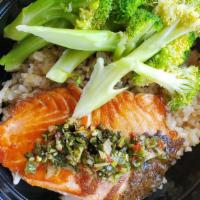 Forage 500 Salmon · 3 oz. salmon with seasonal garnish, 8 oz. brown rice and 3 oz. broccoli.