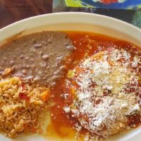 Huevos Rancheros · Tomato sauce, green bell pepper; rice, beans & cheese