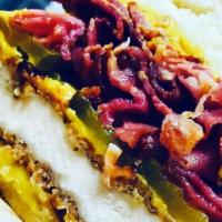 Chicken Pastrami Sandwich · Crispy White Chicken Breast, Slow Roasted Pastrami, Banana Peppers, Butter Pickles, Mayo and...