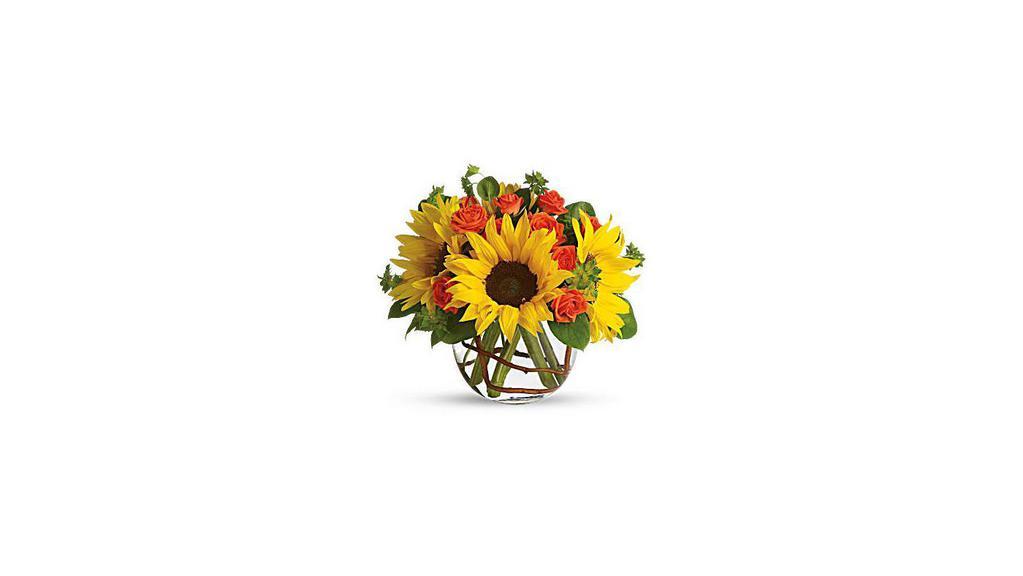 Sunny Sunflowers · Whoever receives this stunning bouquet is sure to be bowled over by its bold beauty! It's big on fun and big on flowers. Sunflowers steal the show in this simple arrangement. Also featured: green bupleurum, salal leaves and a curly willow inside the glass bubble bowl.