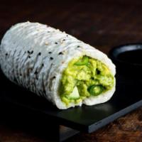 Truffle Avocado Sushirrito · Truffle Avocado, Cucumber, Sesame Seeds, Serranos, Sushi Rice and Wasabi Mayo Wrapped in Soy...