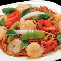 Spaghetti With Basil · Pan fried spaghetti with bell pepper, onion, and fresh basil leave, choice of chicken, beef ...