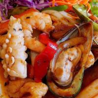 Angry Seafood · Pad po tak. The assortment of seafood stir fried with special spicy sauce.