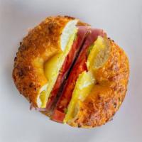 Denver Sunrise Bagel · Ham, egg. Swiss cheese, tomato and bell pepper for bagel we will make on available of bagel ...