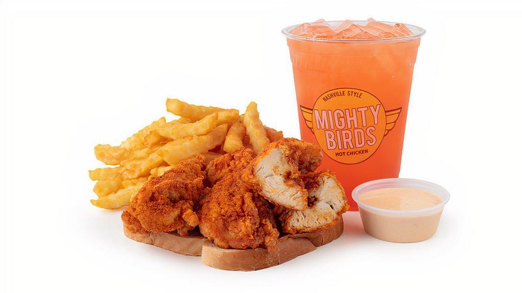 Combo #1 · 3 tenders, fries, a slice of bread, mighty sauce, and a regular size soft drink.