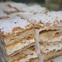 Napolean Cake Slice · A slice of the popular one thousand layers (Mille-feuille) French Napolean cake.