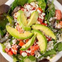 Mixed Green Salad · Mixed greens, tomatoes, olives, feta cheese, and avocados. Comes with your choice of dressing.