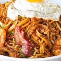 Hawker Style Fried Noodles · Spicy. Shrimp, bbq pork, sweet soy, chili, cabbage, bean sprout, onion, scallion, fried garl...