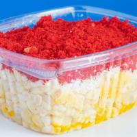 Esquite With Hot Cheetos · Sweet white corn cut off the cob, mayonnaise, butter, lemon, cotija cheese, tajin, chilli po...