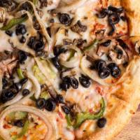Large La Vegetariana · Topped with mushrooms green peppers, onions and olives.