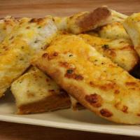 Cheesy Bread · Oven baked bread with blends of Cheddar & Mozzarella cheese and garlic butter.