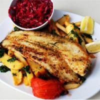 #17D Swai Fish Filet · Boneless and Skinless Swai Fish Filet served with Garlic Fries and Red Cabbage Salad, Pita B...