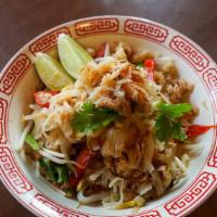 Crab Noodle · Rice noodles with egg, red jalapeno, bean sprouts, chives, garlic and black pepper.