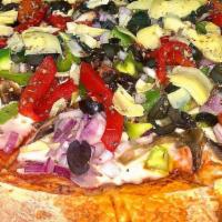 Pizza Regular Veggie · Cheese, Sauce, Roasted Bell Peppers, Green Bell Peppers, Olives, Artichoke, Mushrooms, Onions