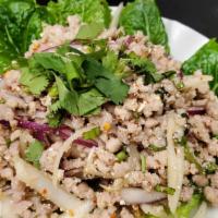 Larb (Ground Meat Salad) · Ground meat (choice of chicken, pork, or beef) with chili peppers, onion, lime juice, ground...