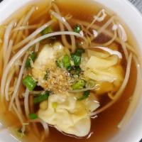 Won Ton Soup · Clear soup with 3 wontons made from chicken, pork, and shrimp. Comes with bean sprout, scall...