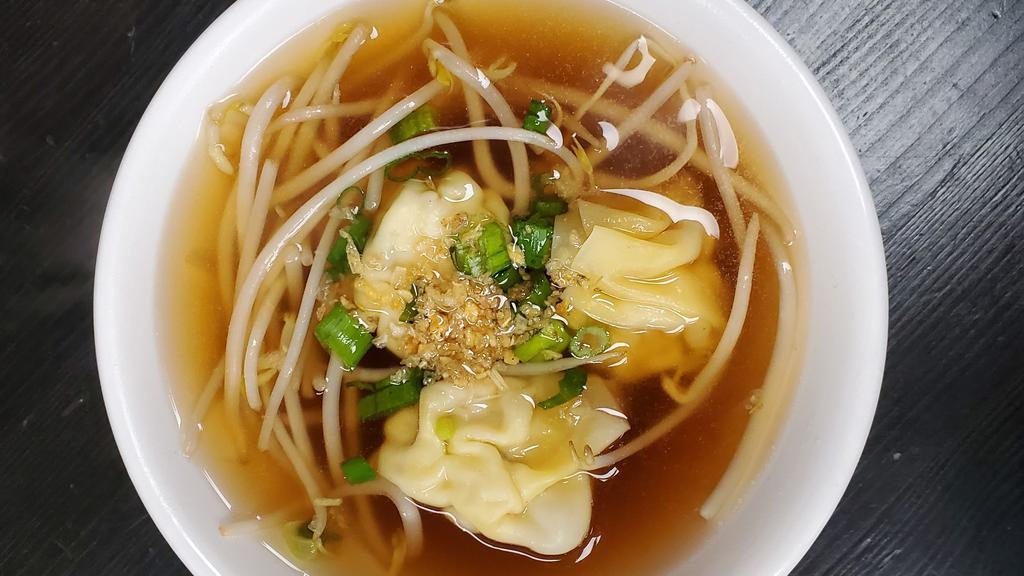 Won Ton Soup · Clear soup with 3 wontons made from chicken, pork, and shrimp. Comes with bean sprout, scallion, and fried garlic.