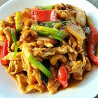Chicken Cashew Nut · Deep fried chicken, stir-fried with onion, scallion, cashew nuts, sauce, and chili paste. Co...