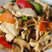 Pad Khing Ginger · Stir-fried meat with ginger, onion, scallion, mushroom, celery, baby corn, carrot, bell pepp...