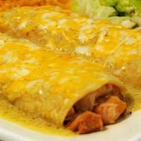 Enchiladas Suizas · Two enchiladas (Chicken or cheese) topped with our homemade 