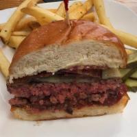 Union Burger · Aged white cheddar, cherrywood bacon, tomato jam, iceberg lettuce, garlic aioli, house pickl...