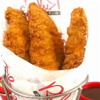 Chicken Tenders · Crispy, all white meat chicken strips served with BBQ, Ranch and Honey Mustard dipping sauces