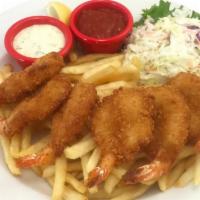 Shrimp & Chips · Crispy, golden-fried jumbo shrimp. Served with fries, coleslaw, cocktail sauce and tartar sa...