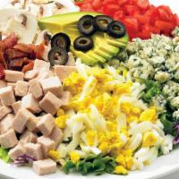 Cobb Salad · Fresh salad mix, hard-boiled egg, avocado, roasted diced turkey breast, Bleu cheese crumbles...