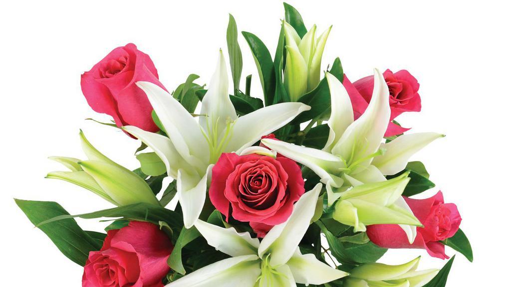 Fragrant Rose Bouquet  · 6 Long Stem Roses with Stargazer Lilies and Greens.